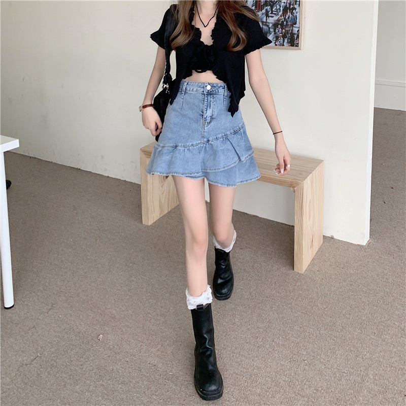 Damen Jeansrock mit voluminösem Rüschensaum und knopfbarem Bund