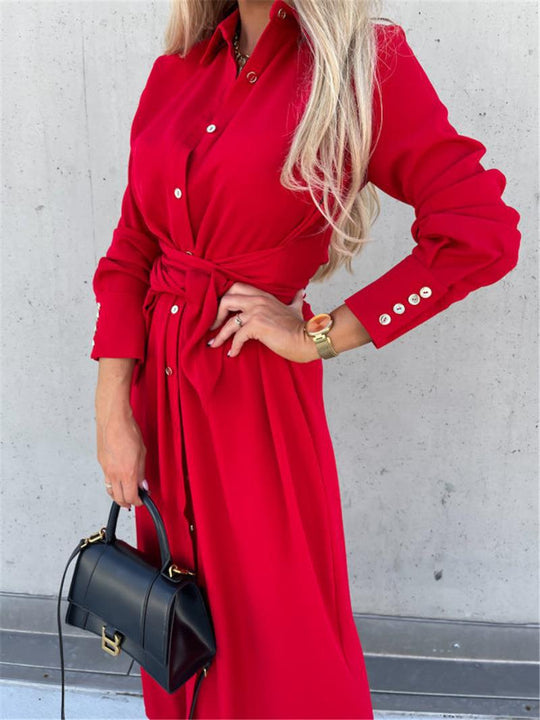 Damen Tailliertes Hemdblusen-Midikleid mit Bindegürtel, Manschetten und Frontschlitz Shop Nory