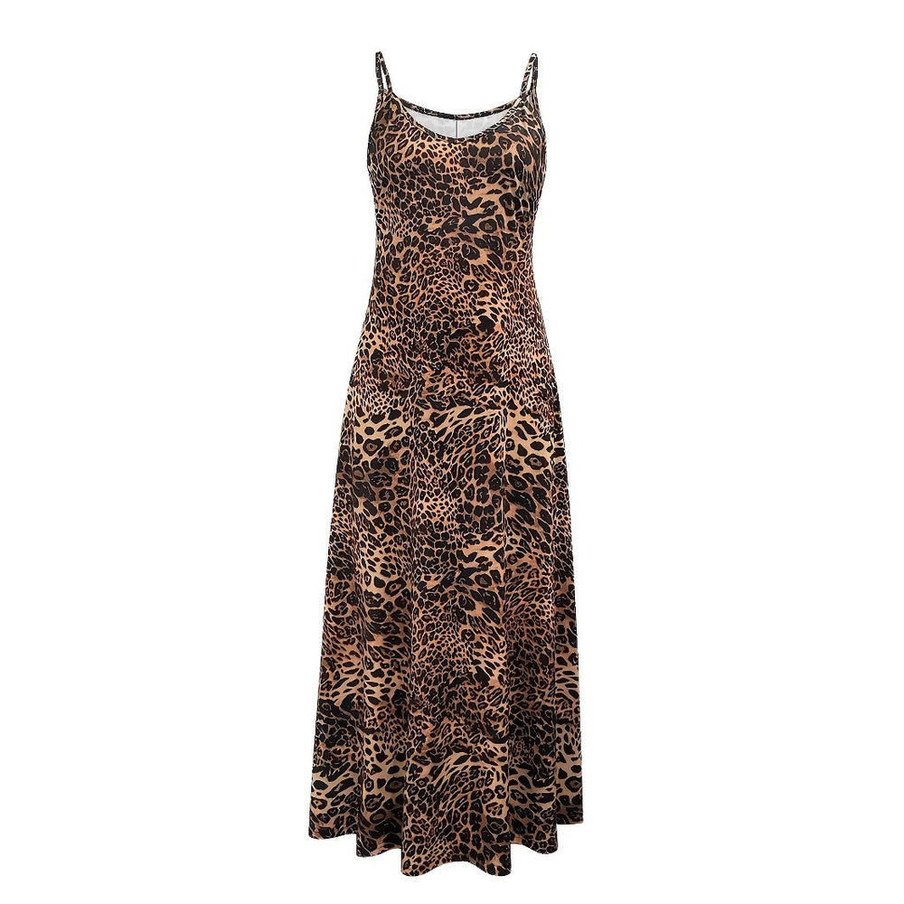 Damen Maxikleid mit Spaghetti-Trägern und asymmetrischem Tiermuster