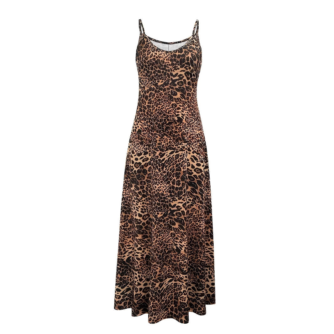 Damen Maxikleid mit Spaghetti-Trägern und asymmetrischem Tiermuster
