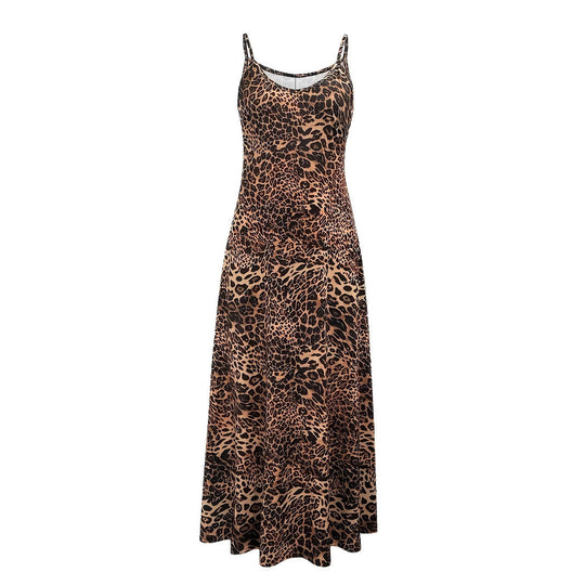 Damen Maxikleid mit Spaghetti-Trägern und asymmetrischem Tiermuster