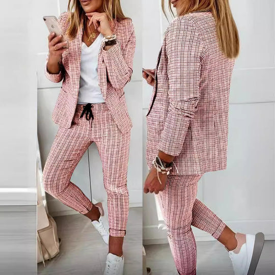 Damen nan zweiteiliges Karomuster Business-Casual Blazer-Set mit elastischer Bundhose Shop Nory