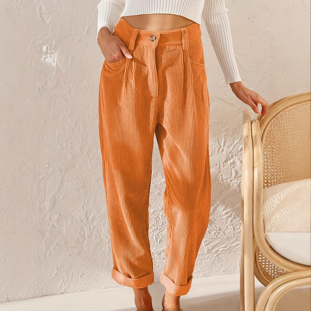 Damen lässige Cordhose mit hoher Taille, lockerer Tapered-Passform und umgeschlagenem Saum Shop Nory