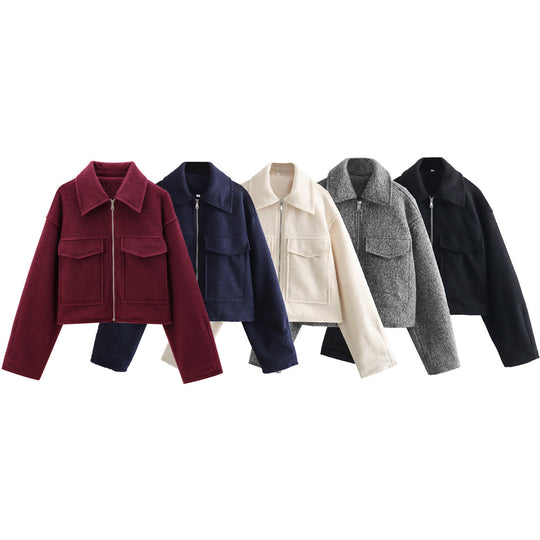 Damen Kurze Bouclé‑Jacke im Boxy‑Cut mit Reißverschluss und Pattentaschen Shop Nory