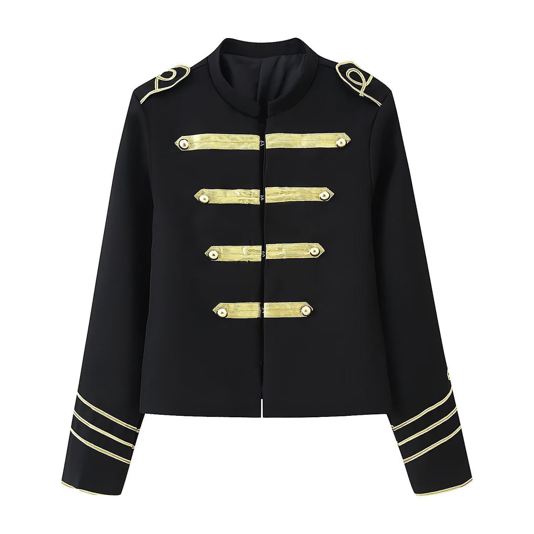Damen Gekürzte Militärjacke mit goldbestickten Galons und Stehkragen Shop Nory