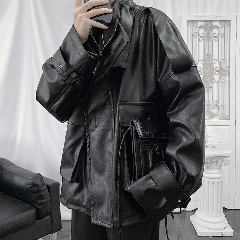 Herren Weitgeschnittene Kunstlederjacke mit Kapuze, Utility-Taschen und verstellbaren Manschetten Shop Nory