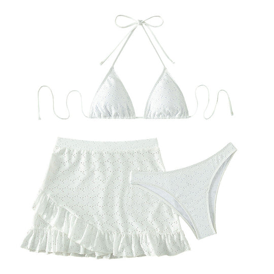 Damen Triangel-Bikini mit verspieltem Lochmuster und passendem Rock
