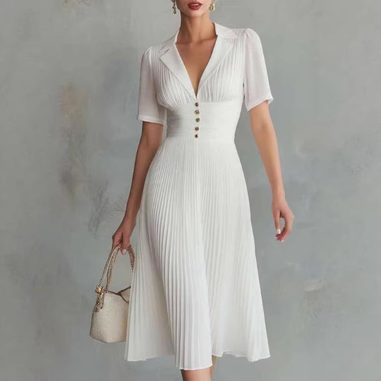Damen Plissiertes Midikleid mit Reverskragen, tailliertem Raffung-Bund und Zierknöpfen Shop Nory