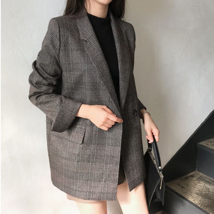 Damen Eleganter karierter Blazer mit doppelter Knopfleiste Shop Nory