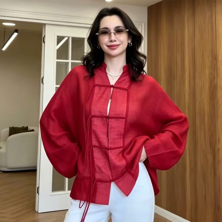 Damen Leinen-Kimonojacke mit weiten Ärmeln, Zierknoten-Grid & Bindegürtel Shop Nory