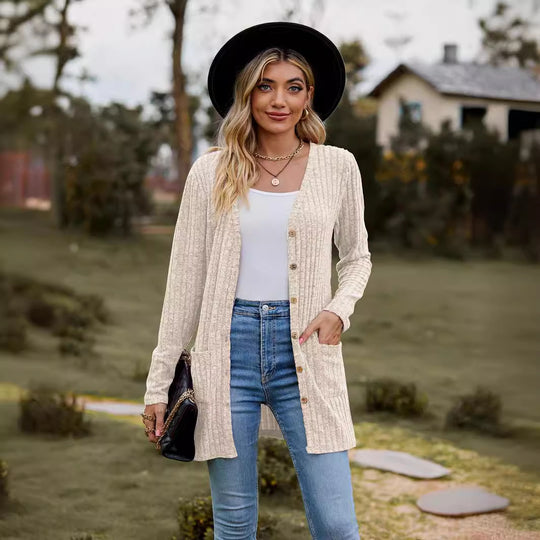 Damen Lang geschnittene Rippstrick‑Cardigan mit Knopfleiste und Eingrifftaschen Shop Nory