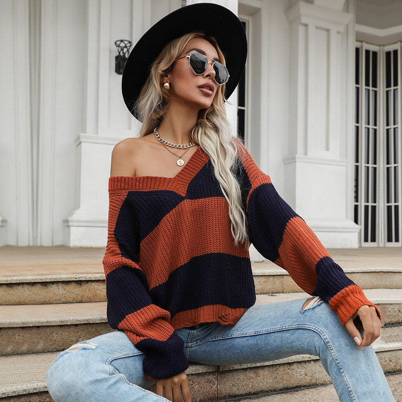 Damen Oversize-Chunky-Strickpullover mit schulterfreiem Fall, breiten Blockstreifen und geripptem Saum Shop Nory