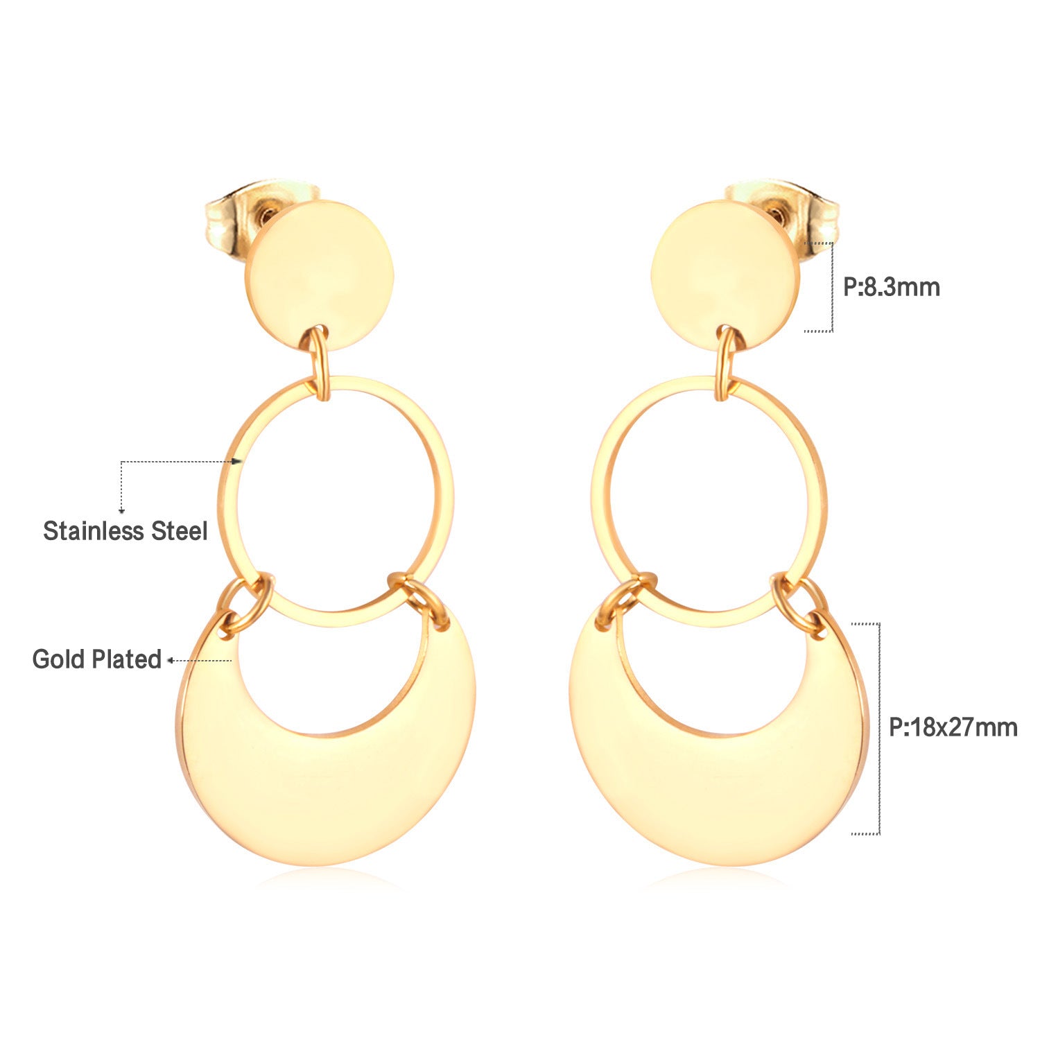 Damen Ohrringe mit elegantem, doppellagigem Rechteckdesign aus Edelstahl und goldplattierter Oberfläche Shop Nory