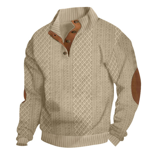 Herren Strukturiertes Zopfmuster-Henley-Pullover mit Lederbesatz an Ellbogen & Knopfleiste Shop Nory