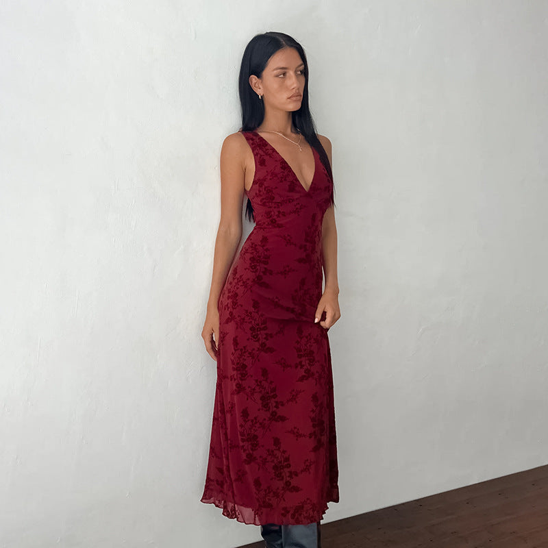 Damen Maxikleid mit floralem Spitzenmuster und tiefem V-Ausschnitt