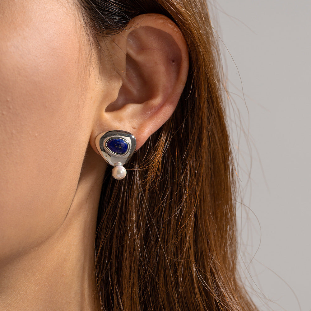 Damen Ohrhänger mit exquisite blau-emalitierte Details und schimmernden Perlen Shop Nory