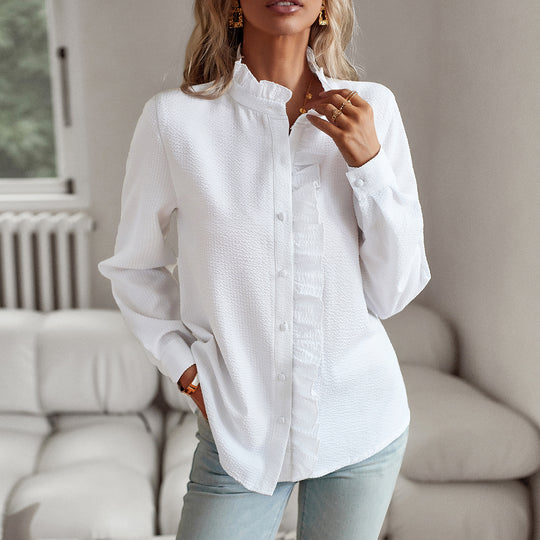 Damen nan raffinierte Seersucker-Bluse mit Volantknopfleiste und Stehkragen Shop Nory