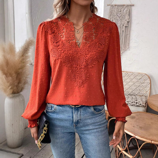 Damen Spitzenbluse mit V-Ausschnitt, Schweizer Punktstruktur und gerafften Manschetten Shop Nory
