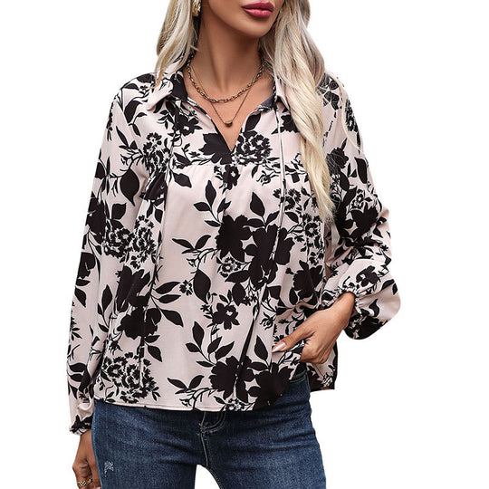Damen Leichte ViskosShop Noryluse mit Bindekragen, Raffung und Ballonärmeln Shop Nory
