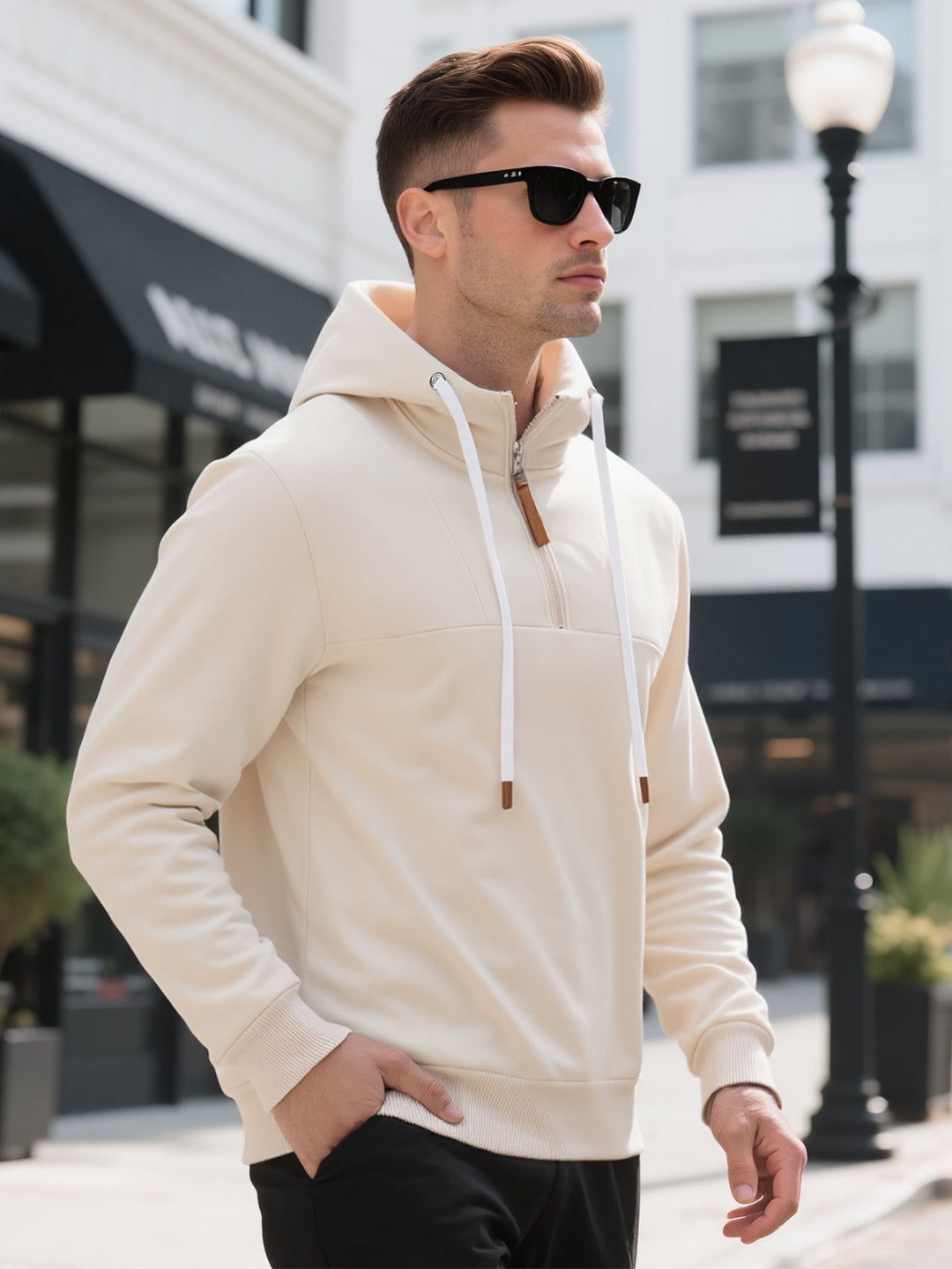 Herren Halbzip-Kapuzenpullover mit Stehkragen, Kordelzug und Lederdetails Shop Nory