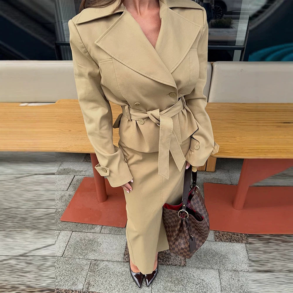 Damen Tailliertes Trench-Set mit Schößchen, Bindegürtel & Bleistiftrock Shop Nory