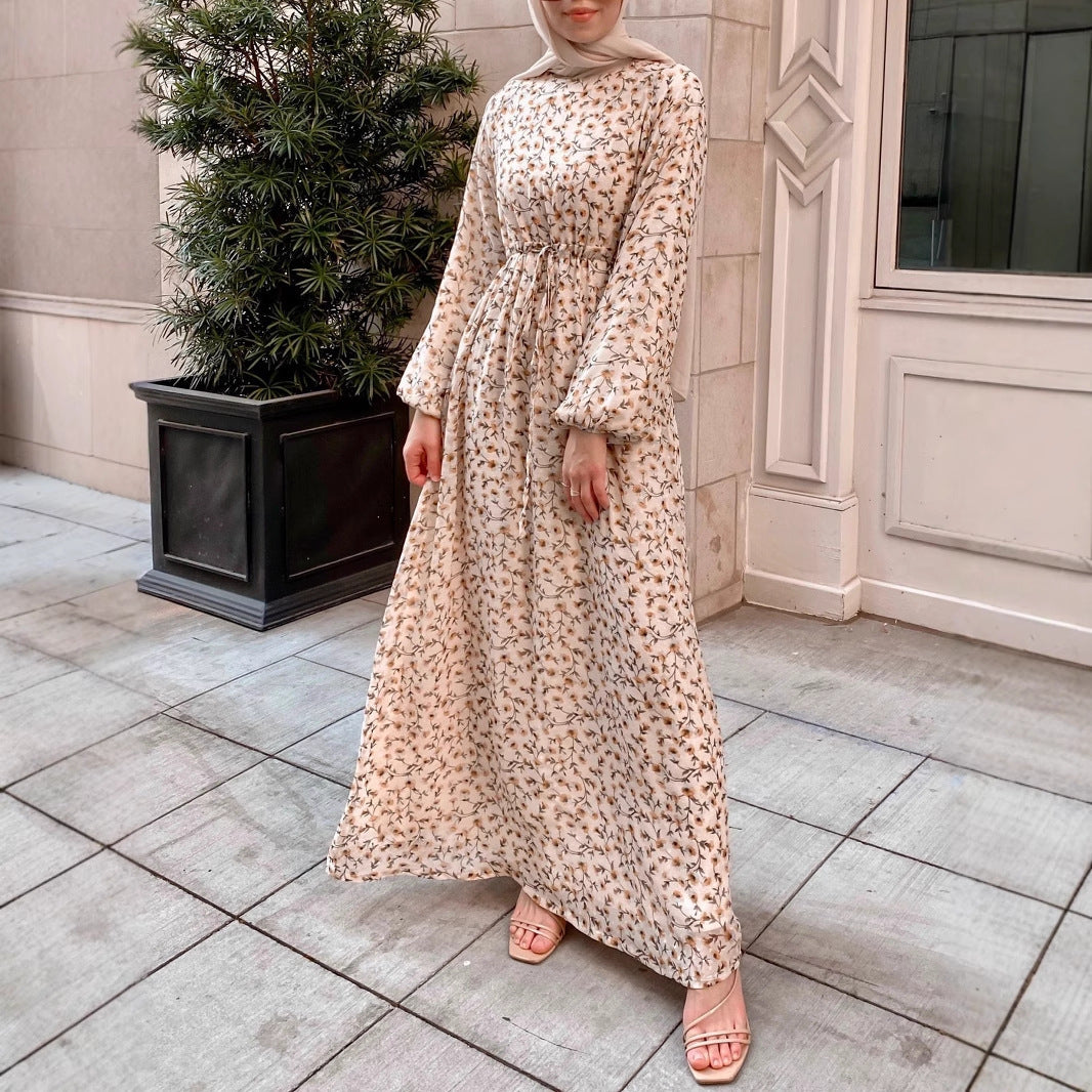 Damen Geblümtes Maxikleid mit Kordel-Taille und Ballonärmeln Shop Nory