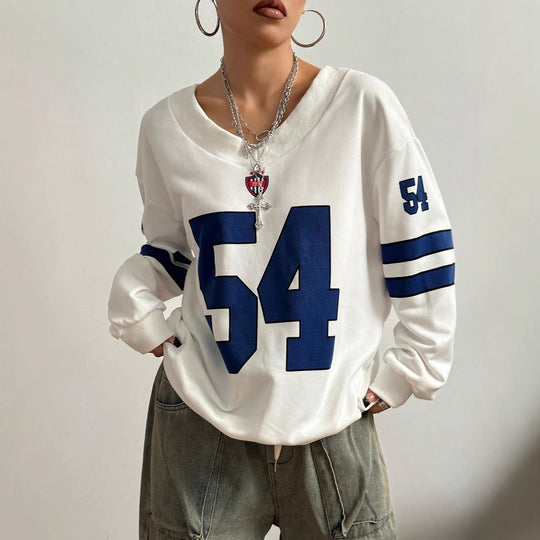 Damen Lockeres College-Sweatshirt im Off-Shoulder-Look mit großem Nummernprint Shop Nory