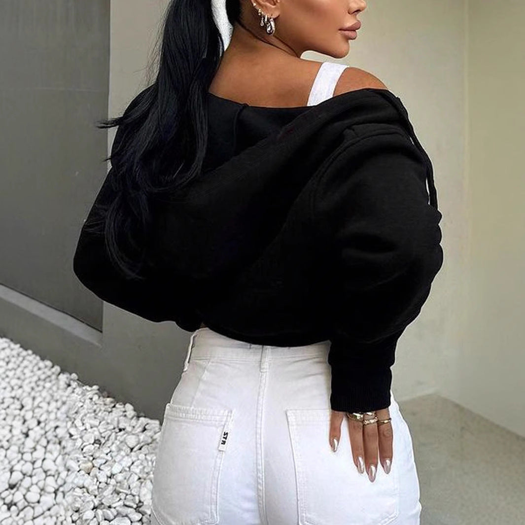 Damen Kurz geschnittene Kapuzenjacke mit Reißverschluss, voluminösen Ärmeln und schmalem Bund Shop Nory
