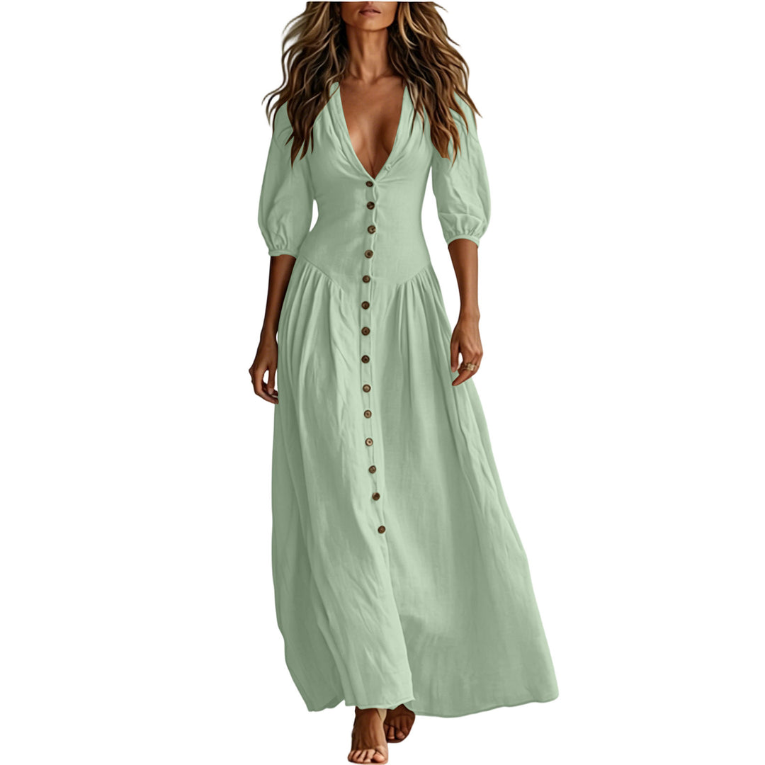 Damen Maxikleid mit tiefem V-Ausschnitt, durchgehender Knopfleiste und Ballonärmeln Shop Nory