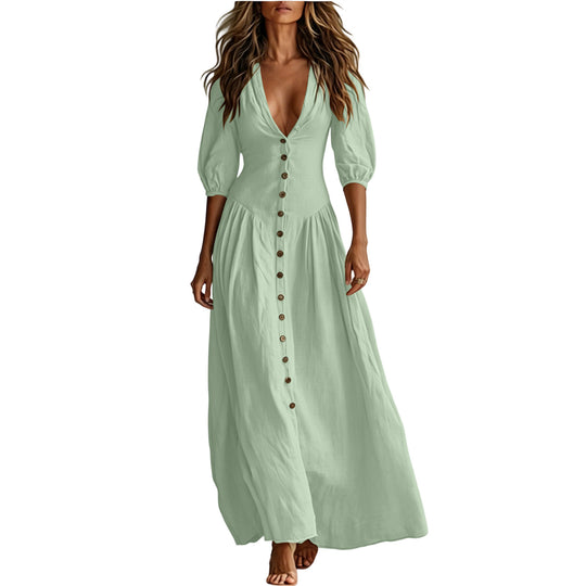 Damen Maxikleid mit tiefem V-Ausschnitt, durchgehender Knopfleiste und Ballonärmeln Shop Nory