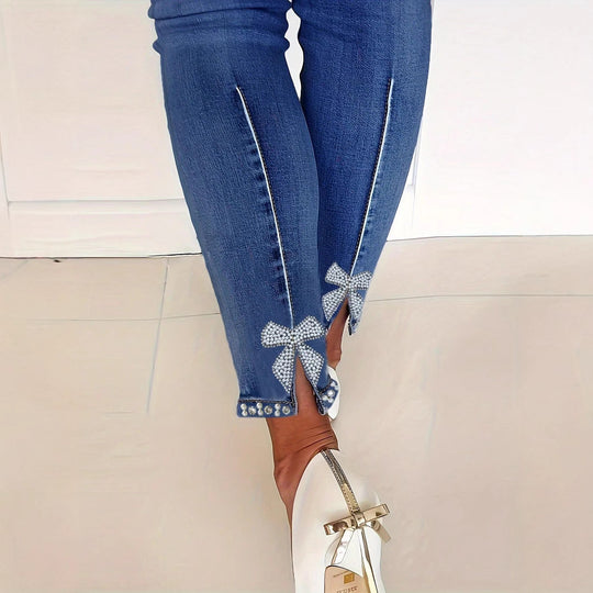 Damen Skinny-Jeans mit Perlenbesatz und Zier-Schleifen Shop Nory