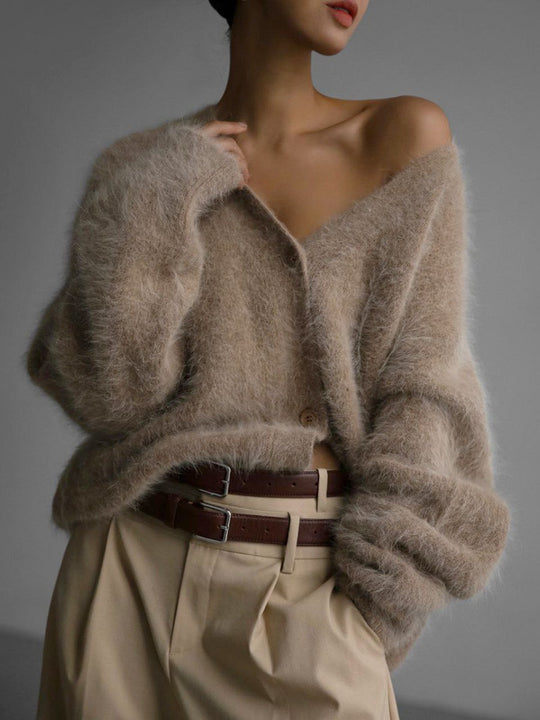Damen Flauschige Mohair-Optik Strickjacke mit V-Ausschnitt und Oversize-Schnitt Shop Nory