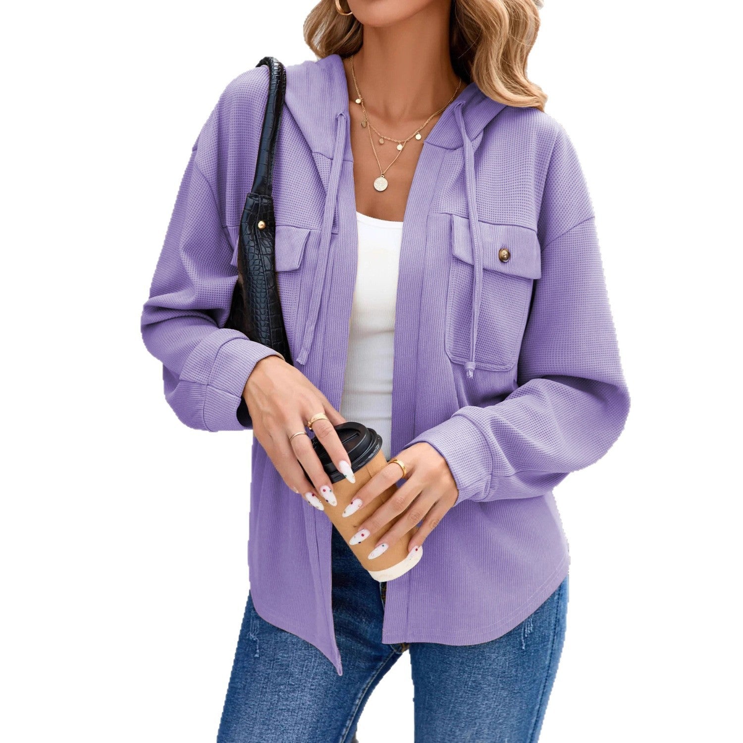 Damen lässige Jacke mit Kapuze und praktischen Brusttaschen Shopnory