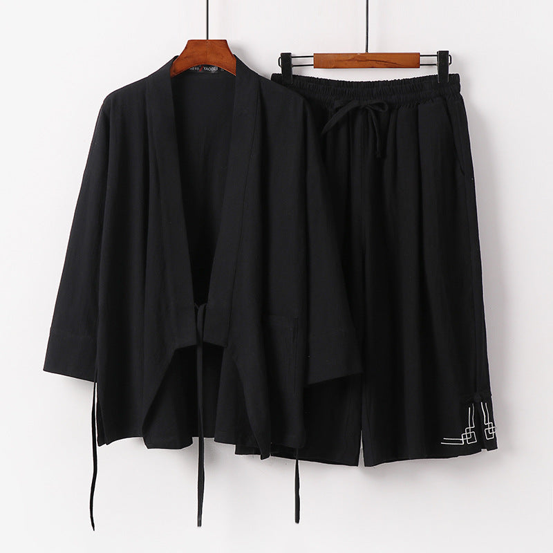 Damen Zen-Kimono-Lounge-Set aus atmungsaktivem Baumwollmix mit Bindebandjacke und weiten Culotte-Hose Shop Nory