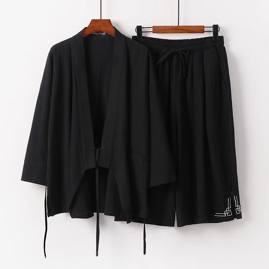 Damen Zen-Kimono-Lounge-Set aus atmungsaktivem Baumwollmix mit Bindebandjacke und weiten Culotte-Hose Shop Nory