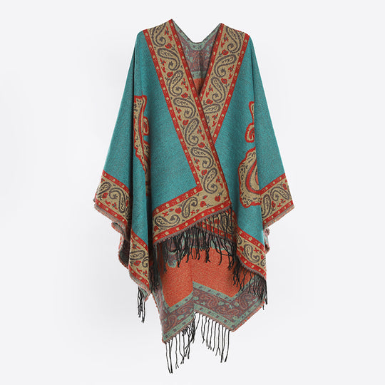 Damen Weicher Paisley-Jacquard Ruana-Überwurf mit V‑Ausschnitt und Fransen Shop Nory
