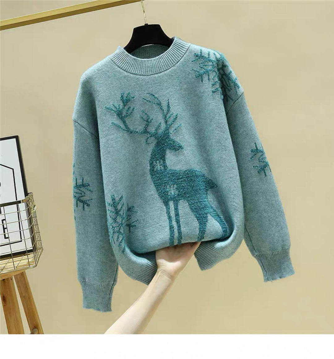 Damen Gemusterter Strickpullover mit Rentier-Jacquard, Rundhalsausschnitt und geripptem Saum Shop Nory