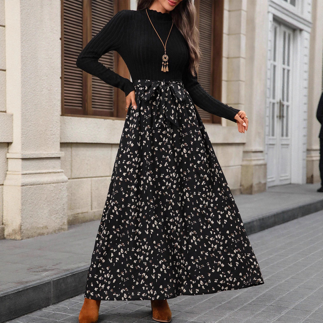 Damen Zweiteiliges Set aus Feinstrick‑Rollkragenoberteil und gemustertem Midaxi‑Rock mit Bindegürtel Shop Nory