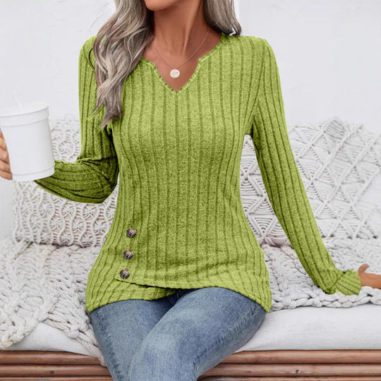 Damen Geripptes Longsleeve-Tunika mit V-Ausschnitt und seitlichen Zierknöpfen Shop Nory
