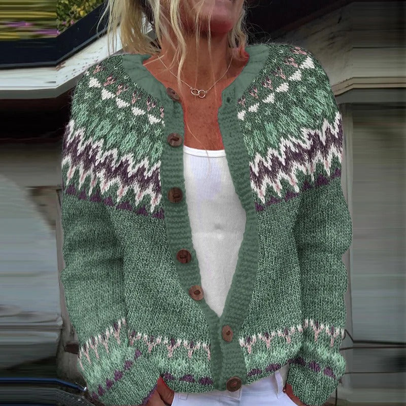 Damen nan gemusterte Strickjacke mit Rundpasse, Holzknöpfen und Eingrifftaschen Shop Nory