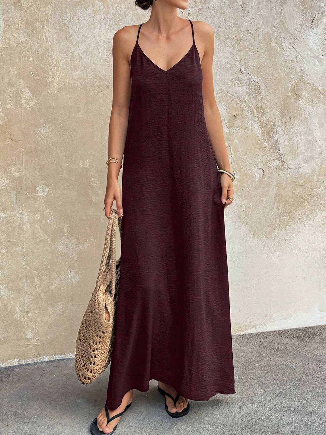 Damen Fließendes Maxikleid mit Spaghettiträgern, V-Ausschnitt und sommerlicher Leinenoptik Shop Nory