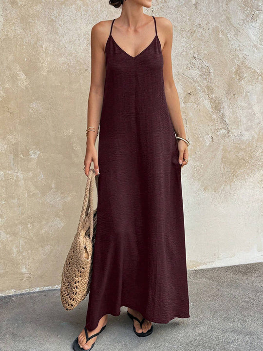Damen Fließendes Maxikleid mit Spaghettiträgern, V-Ausschnitt und sommerlicher Leinenoptik Shop Nory