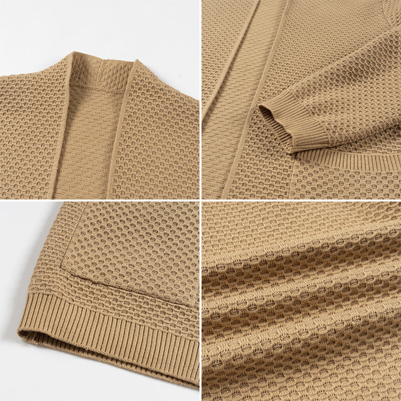 Herren offener Waffelstrick-Cardigan mit Schalkragen, aufgesetzten Taschen und gerippten Bündchen Shop Nory