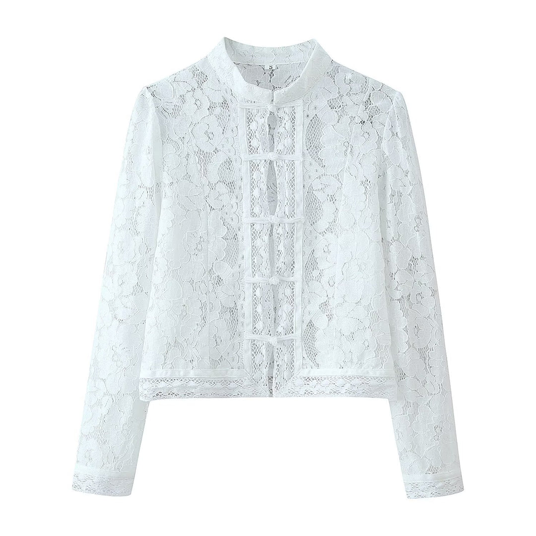 Damen Spitze Jacke mit Stehkragen, chinesischen Knoten und transparentem Floral-Design Shop Nory