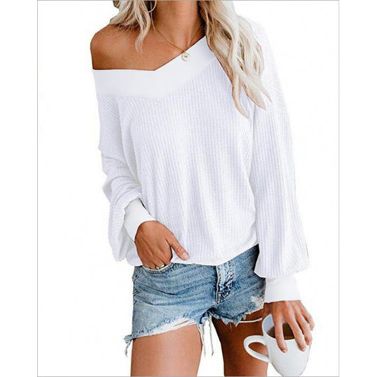 Damen Off‑Shoulder Waffelstrickpullover mit weitem Arm und elastischen Bündchen Shop Nory