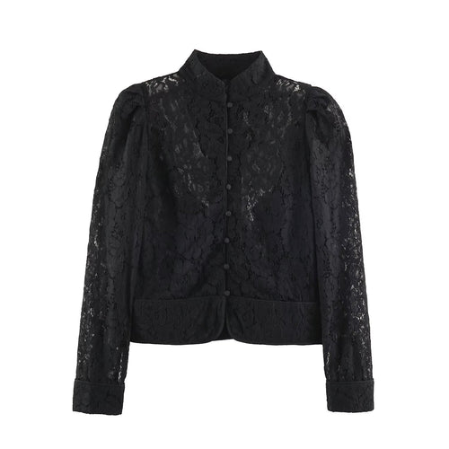 Damen kurz geschnittene transparente Spitzenbluse mit Stehkragen, Stoffknoopfleiste und gerafften Puffärmeln Shop Nory