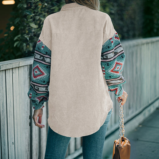 Damen Cord‑Hemdenjacke mit gemusterten Strickärmeln und aufgesetzter Brusttasche Shop Nory