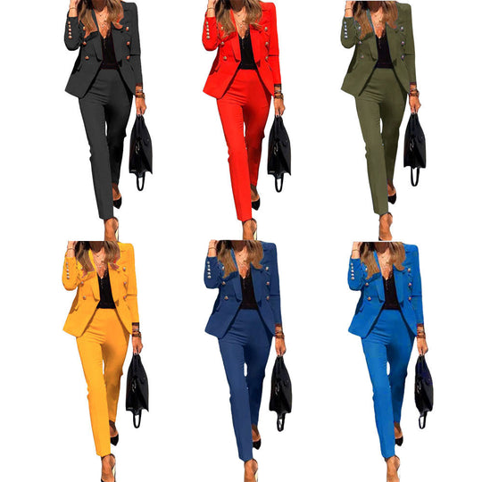 Damen taillierter Hosenanzug mit doppelreihigem Knopfblazer und schlanker Anzughose Shop Nory