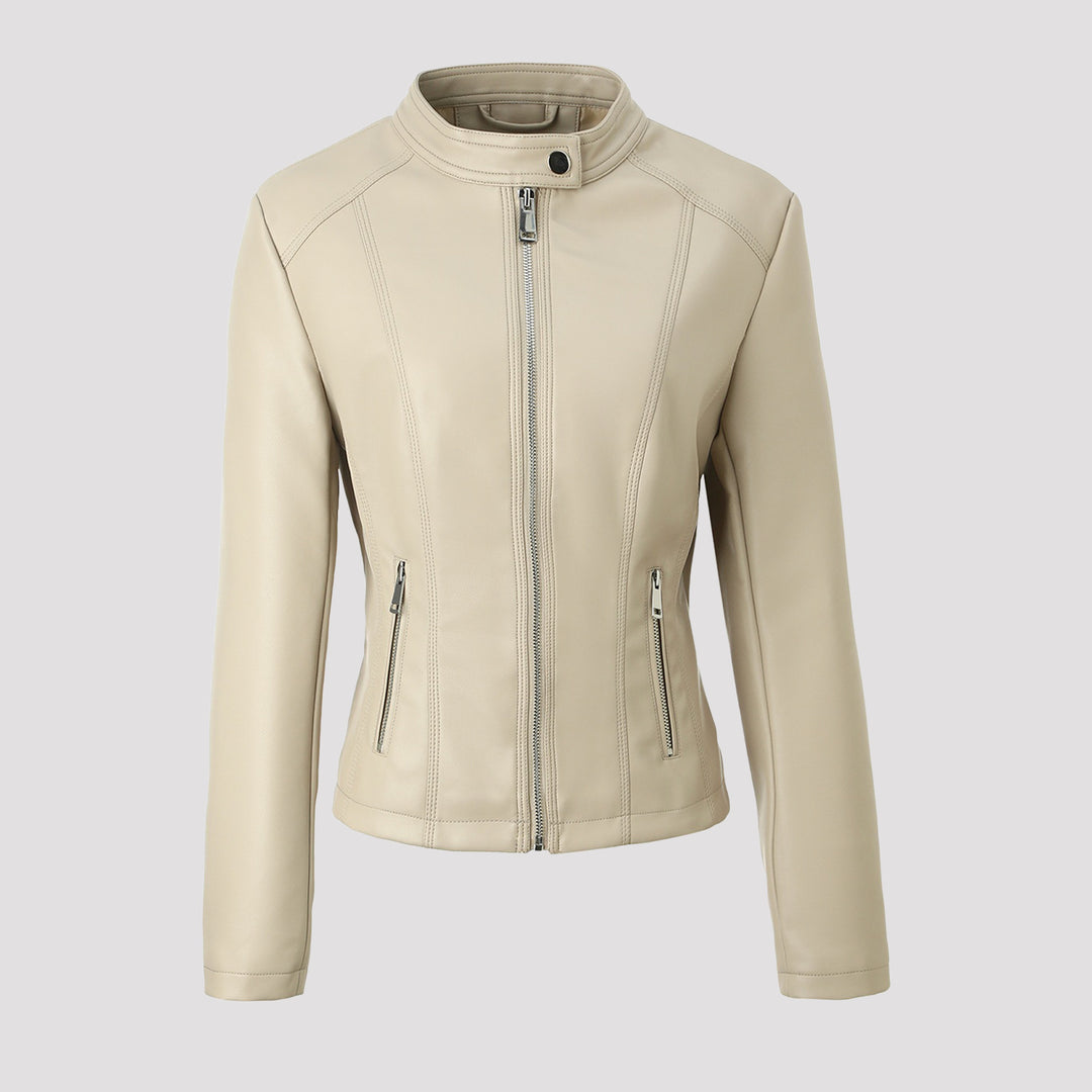 Damen Taillierte Lederjacke mit Stehkragen, vertikalen Ziernähten und Reißverschlusstaschen Shop Nory