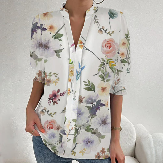 Damen Blumenprint Tunika-Bluse mit Stehkragen, geschlitzter V‑Blende und gerafften 3/4-Ärmeln Shop Nory